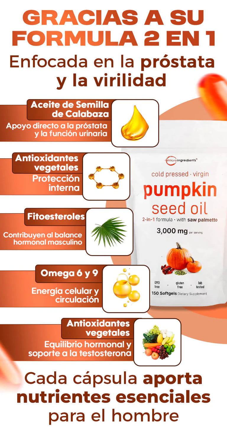 2X1 Pumpkin Seed Oil 3000mg Potencia Máxima - para Cabello y Salud Masculina